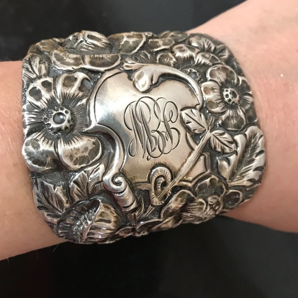 Floral Sterling Silver 925 Wide Cuff Bracelet Victorian Bouquet Art Nouveau